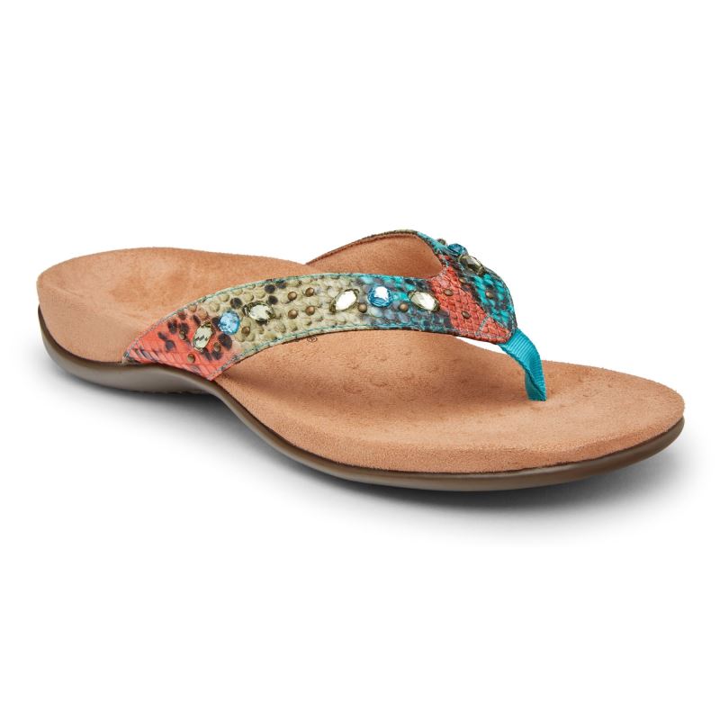 Vionic Women's Lucia Toe Post Sandal - Blue Teal Snake - Click Image to Close